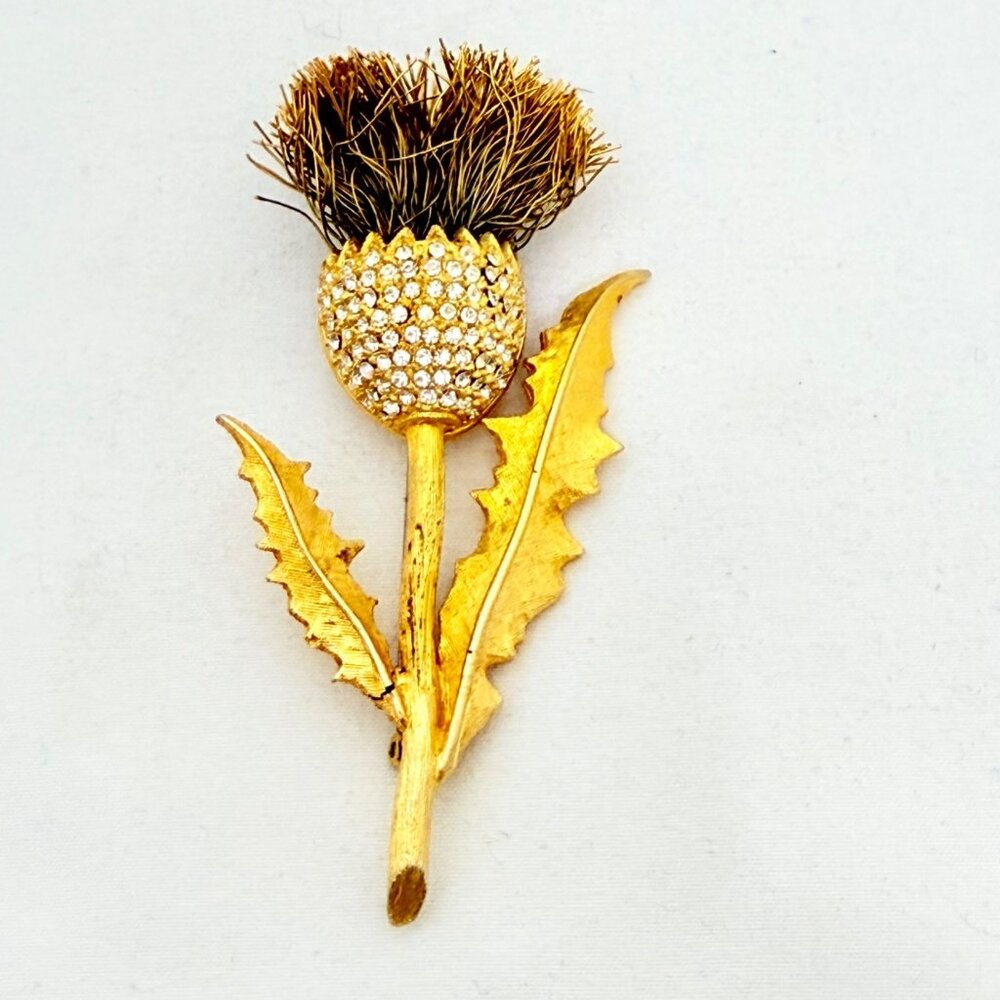 Rare Cadoro "Thistle" Brooch/Pin Gold Tone w/Clear Rhinestones - Signed